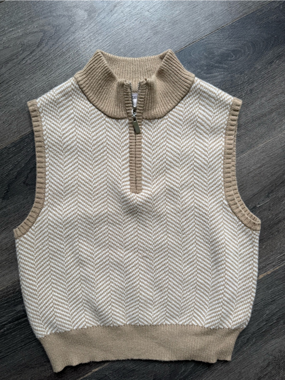 Sincerely Jules Sleeveless Half-Zip Knit Sweater Vest in Cream and Tan